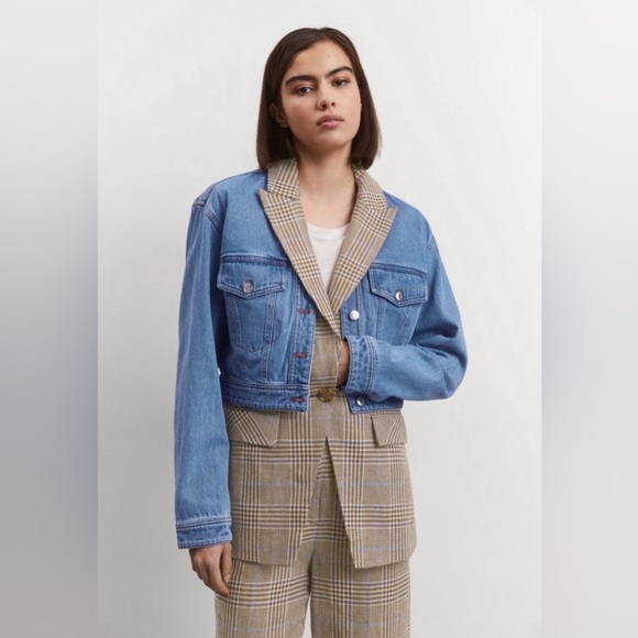 Veronica Beard Keaton   Combo Coat Denim Plaid Dickey Jacket Size Small $898 - Picture 2 of 9